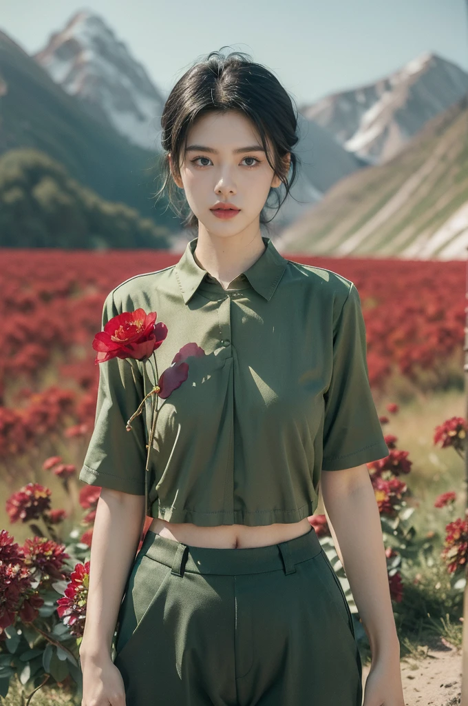 (((best quality))),(((ultra detailed))),(((masterpiece))),illustration,((1 beautiful girl,tomboy,solo)),(short black hair:1.3),((slim,thin)),((small breasts,thin)), vigorous, confident, (light green collared short-sleeved shirt:1.3), (dark green pants:1.2),(standing:1.3),simplicity, robustness, strong features, (Abandoned Gobi Scene:1.3),(Rock surface:1.2),glowing eyes, rebellious, sensible, (mountainous landscape:1.3), (beside a vibrant red flower:1.3),elegance, unyielding spirit, youthful beauty, strength, resilience, adversity, challenges,((from front,upper body))
