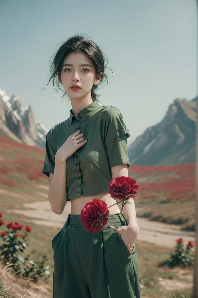 (((best quality))),(((ultra detailed))),(((masterpiece))),illustration,((1 beautiful girl,tomboy,solo)),(short black hair:1.3),((slim,thin)),((small breasts,thin)), vigorous, confident, (light green collared short-sleeved shirt:1.3), (dark green pants:1.2),(standing:1.3),simplicity, robustness, strong features, (Abandoned Gobi Scene:1.3),(Rock surface:1.2),glowing eyes, rebellious, sensible, (mountainous landscape:1.3), (beside a vibrant red flower:1.3),elegance, unyielding spirit, youthful beauty, strength, resilience, adversity, challenges,((from front,upper body))