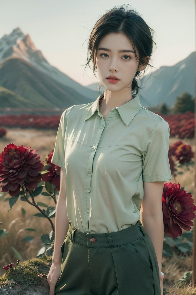 (((best quality))),(((ultra detailed))),(((masterpiece))),illustration,((1 beautiful girl,tomboy,solo)),(short black hair:1.3),((slim,thin)),((small breasts,thin)), vigorous, confident, (light green collared short-sleeved shirt:1.3), (dark green pants:1.2),(standing:1.3),simplicity, robustness, strong features, (Abandoned Gobi Scene:1.3),(Rock surface:1.2),glowing eyes, rebellious, sensible, (mountainous landscape:1.3), (beside a vibrant red flower:1.3),elegance, unyielding spirit, youthful beauty, strength, resilience, adversity, challenges,((from front,upper body))
