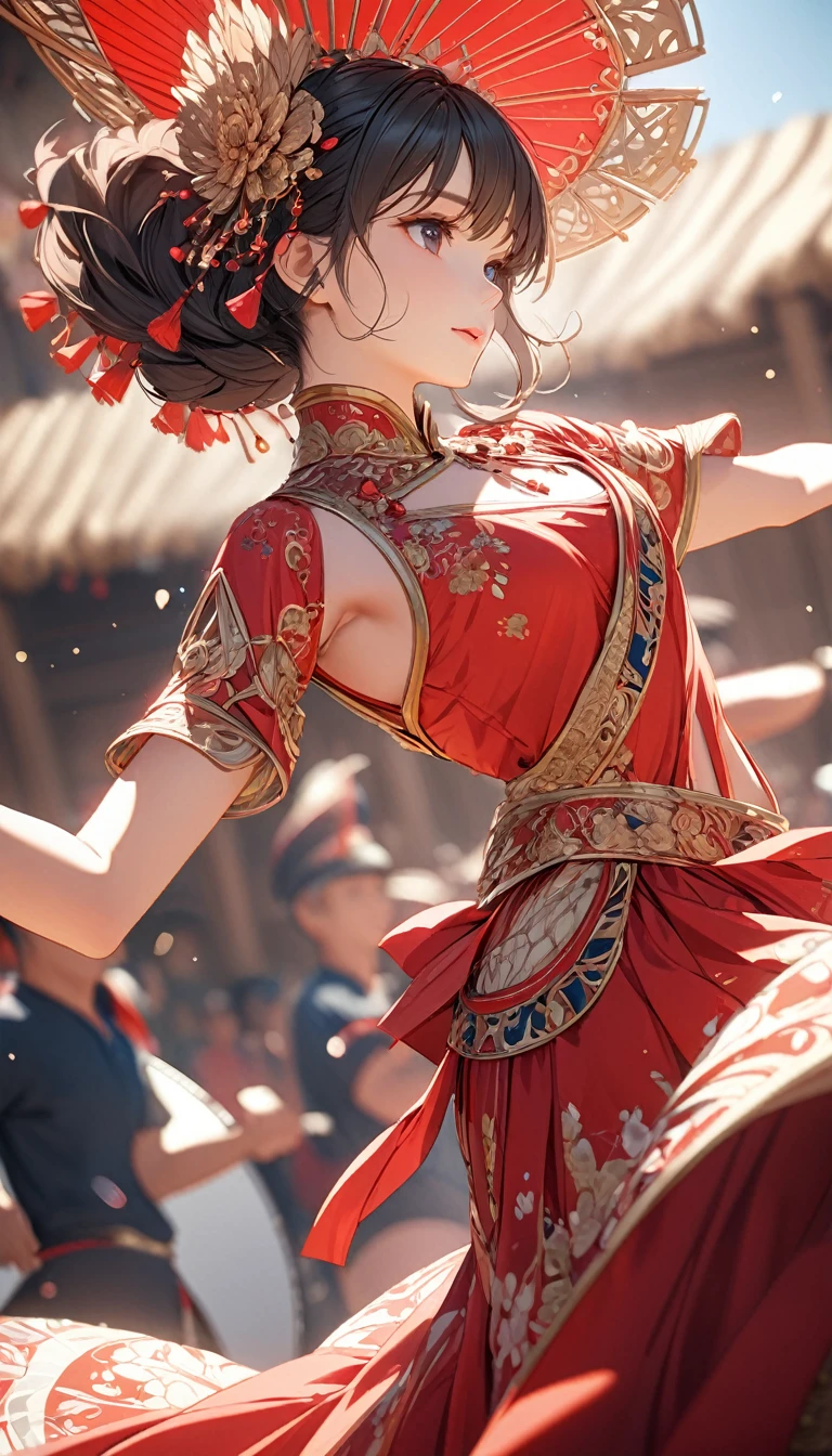 Wearing red classical dance costume.Dancing on the drums.close up.Beautiful and textured foregrounds and backgrounds,detailed, bright, Animation style high definition and high quality presentation((A masterpiece with a resolution of up to 16K):1.6),((soft_color_photography:)1.5), ((Super detailed):1.4),((Typical still images and dynamic angles):1.3), ( perfect anatomy )complex patterns, soft shadows, highly detailed structures, Digital art, high detail,