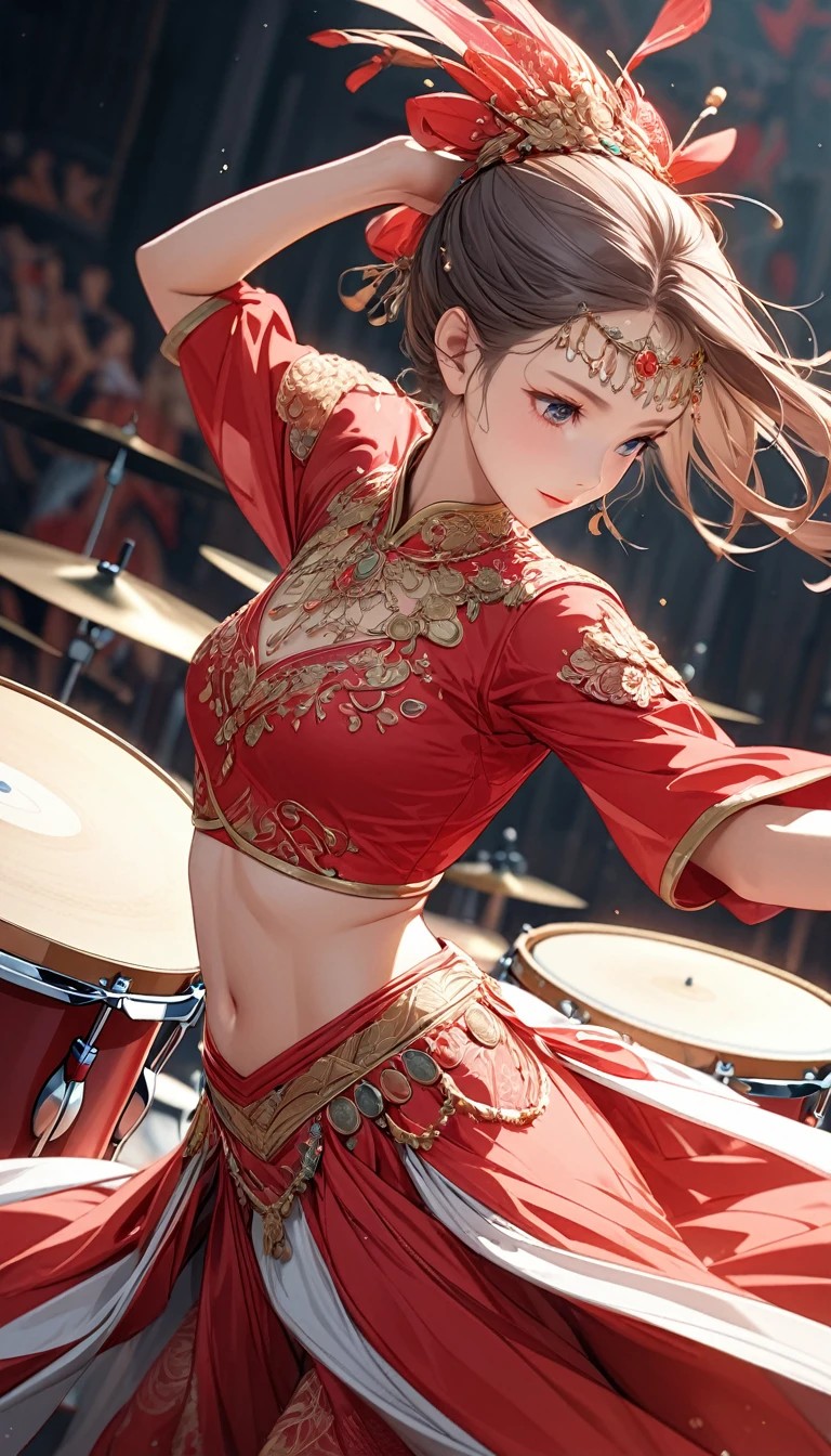 Wearing red classical dance costume.Dancing on the drums.close up.Beautiful and textured foregrounds and backgrounds,detailed, bright, Animation style high definition and high quality presentation((A masterpiece with a resolution of up to 16K):1.6),((soft_color_photography:)1.5), ((Super detailed):1.4),((Typical still images and dynamic angles):1.3), ( perfect anatomy )complex patterns, soft shadows, highly detailed structures, Digital art, high detail,