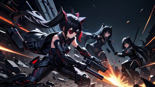 Iai Slash,holding_weapon,独奏,black suits,sunglasses,twintail,black hair,masterpiece,best quality,super detailed,super fine illustration,8k,dynamic angle,battle scene,in dark room,detailed background,Break she is running forward.