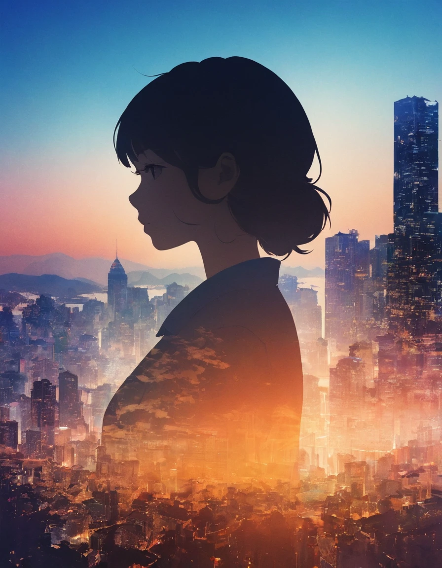 Silhouette of a girl, City、大City、close, Double Exposure, The background is a gradation、