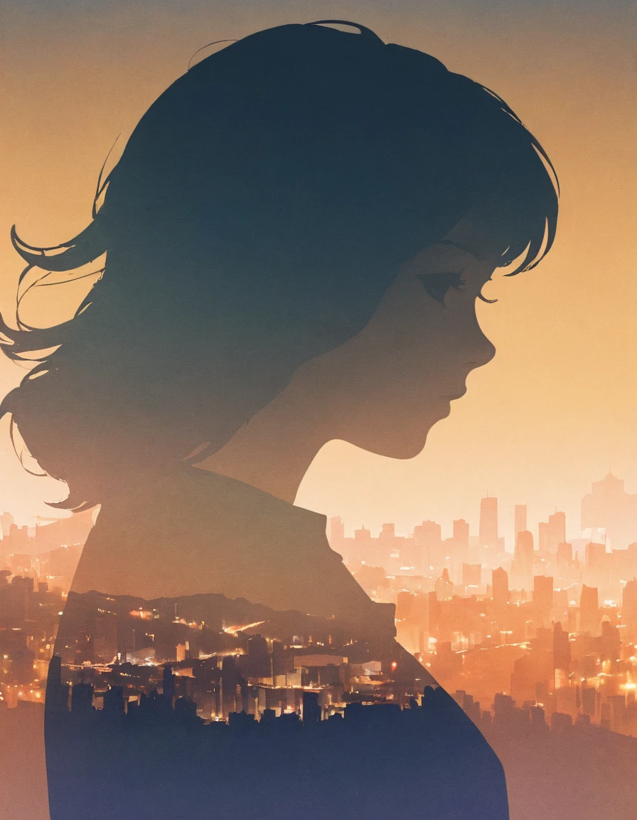 Silhouette of a girl, City、大City、close, Double Exposure, The background is a gradation、
