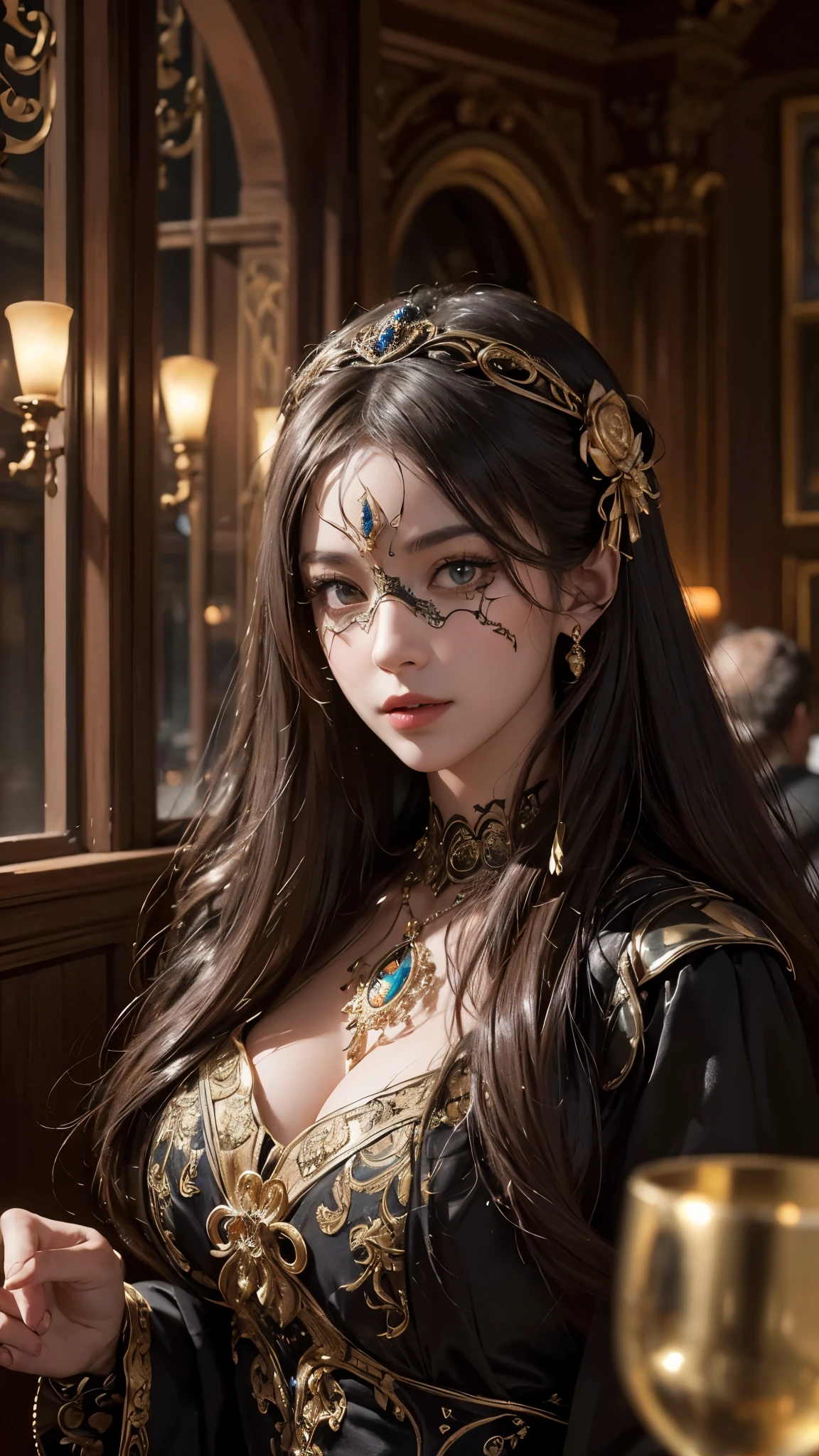 (woman in a masquerade party,elegant venetian mask,intricate costume,beautiful detailed eyes,beautiful detailed lips,extremely detailed face,highly detailed mask,moody bar interior,chiaroscuro lighting,dramatic shadows,cinematic,4k,8k,highres,masterpiece:1.2,ultra-detailed,realistic,photorealistic:1.37,rich colors,refined color palette,captivating)