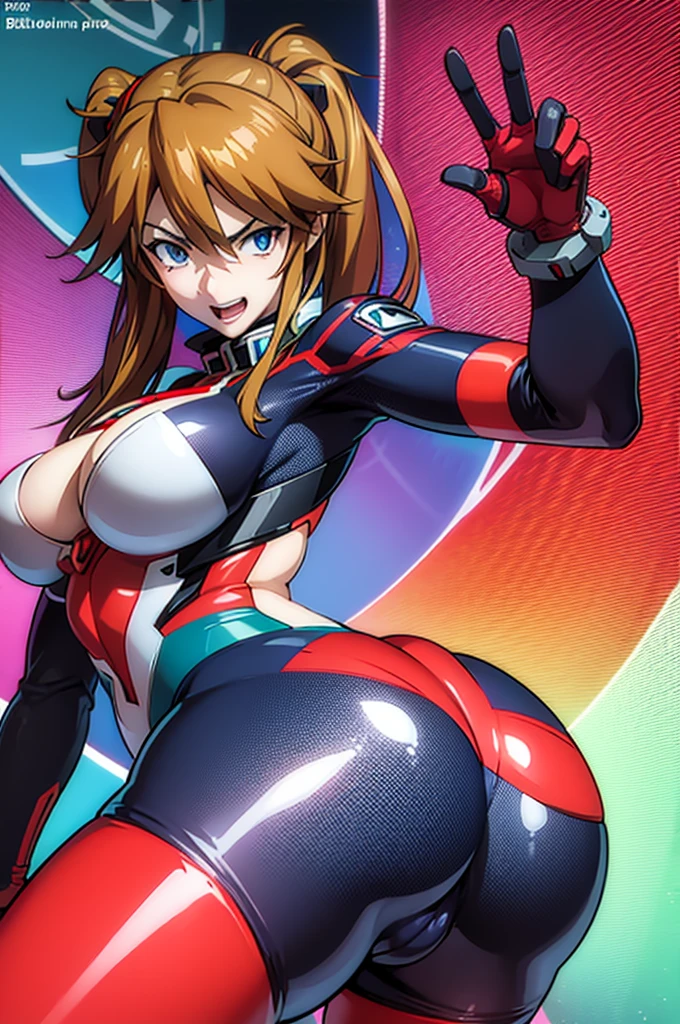 asuka in her tight eva pilot suit pointing her huge, big ass at the viewer while making the peace sign with one of her hands.