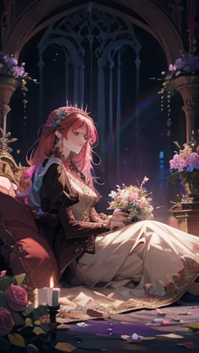 A princess sitting on the ground with multicolor pillows and wild flowers, dark floor, covered with flowers, official artwork, dark red dress with rainbow crystals, magical, bioluminescent path, candles, briar, roses, thorns, pastel scatter light, masterpiece, haunting, glowing light from side, detailed face