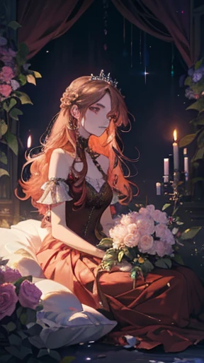A princess sitting on the ground with multicolor pillows and wild flowers, dark floor, covered with flowers, official artwork, dark red dress with rainbow crystals, magical, bioluminescent path, candles, briar, roses, thorns, pastel scatter light, masterpiece, haunting, glowing light from side, detailed face