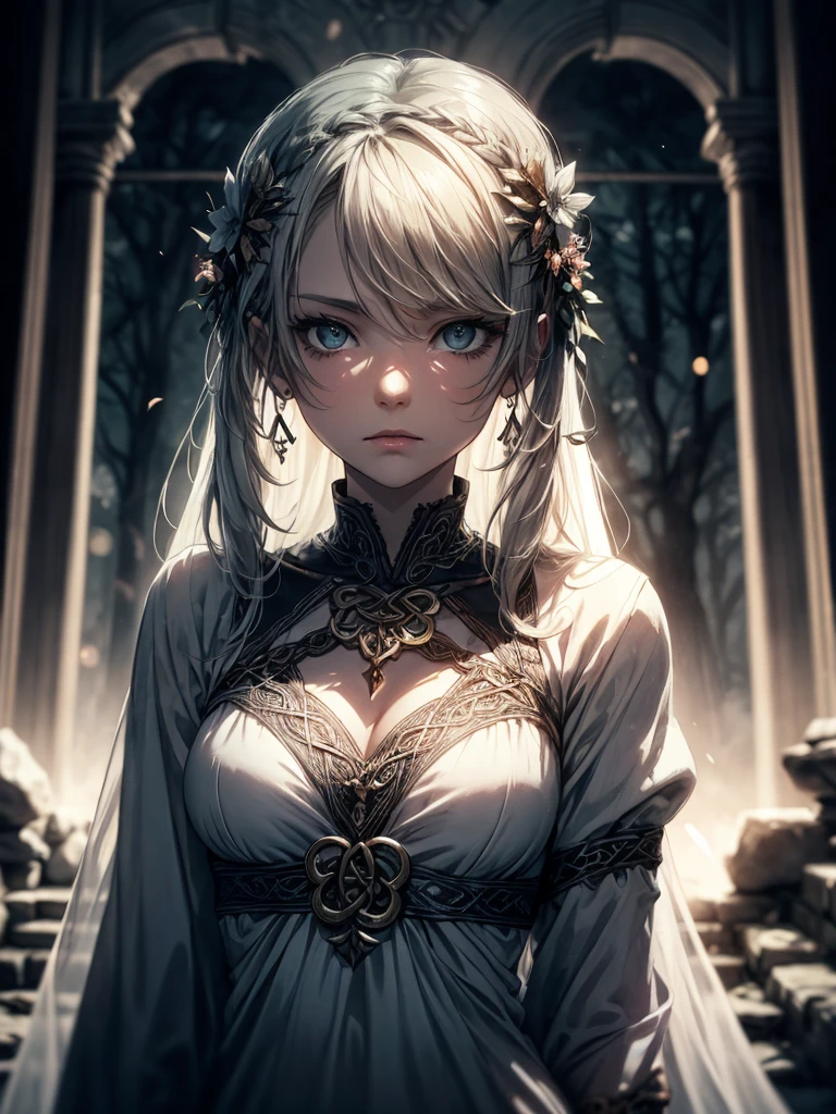 Celtic Warrior Woman, Stone Ruins, Tall and Slender, Flowing Dress with Celtic Knot Jewelry, Procreate, Watercolor Technique, Poster Design, 300 DPI, Soft Lighting, Ethereal Art, Mysterious, Serene Expression, Enchanting Atmosphere, bokeh, photo, 8k, dark, dynamic action, pale washed out style, dreamy nostalgic, soft focus, dark vignetting, light leaks, medium photography, gloomy artistic painterly ethereal, whimsical, coarse grain photo sultry look, seductive