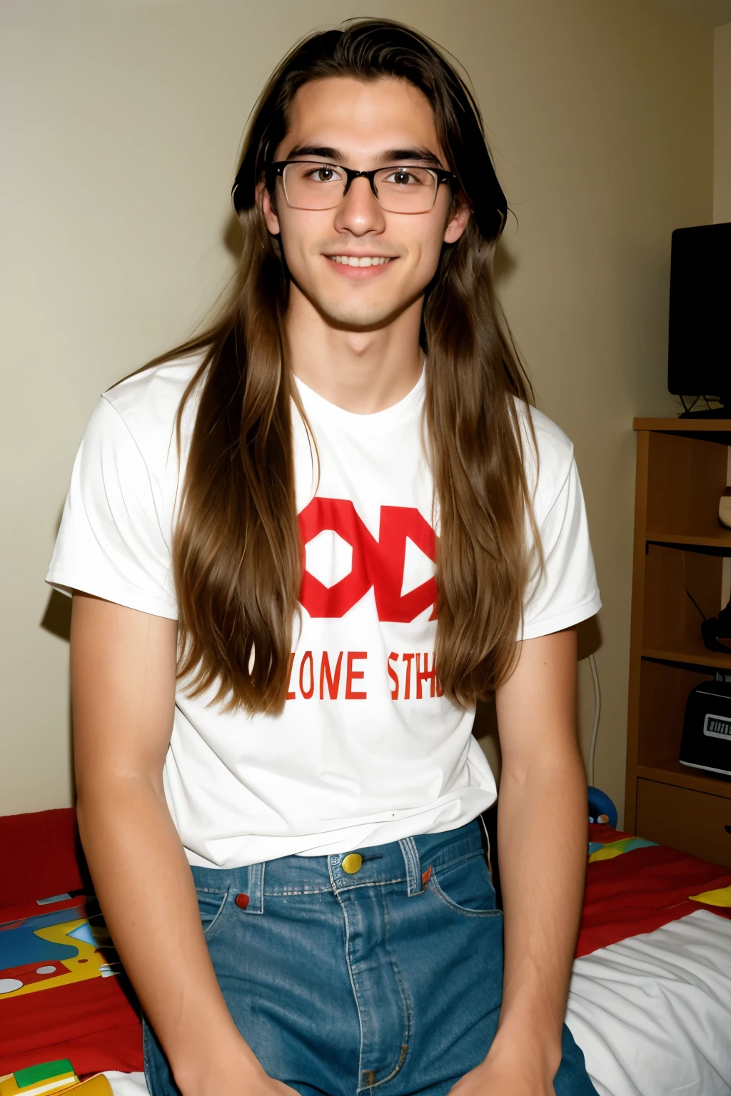 a nerdy 17 year old boy with long hair with slight patches of facial hair who sits in his room speedrunning original nes mario all day and is also gay