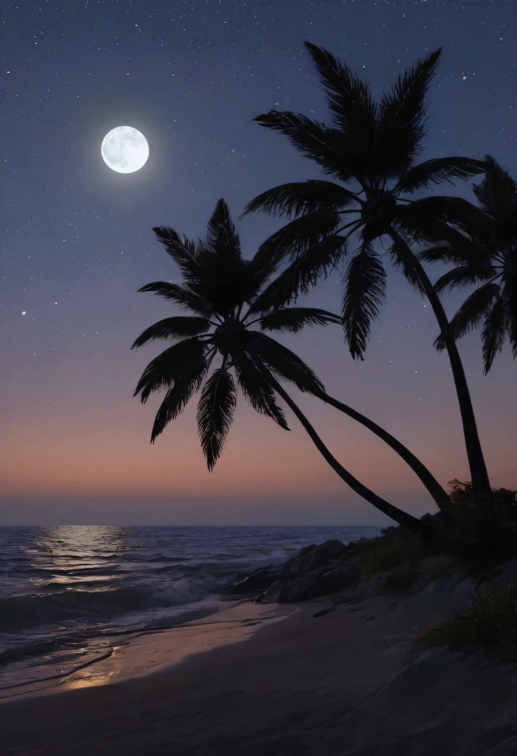 Create an image of a deserted island night beach landscape。People and buildings、Artifacts、Lighting is not included.、Express a beautiful sight in silence。Moonlight reflects off the surface of the sea、Describe the silhouette of a palm tree or a floating starry sky。Take advantage of the natural atmosphere of the beach、Please describe it as an engaging scene that makes you feel quiet, 3d rendered。Very realistic, photograph, Super Detail, high details, High quality, in 8K
