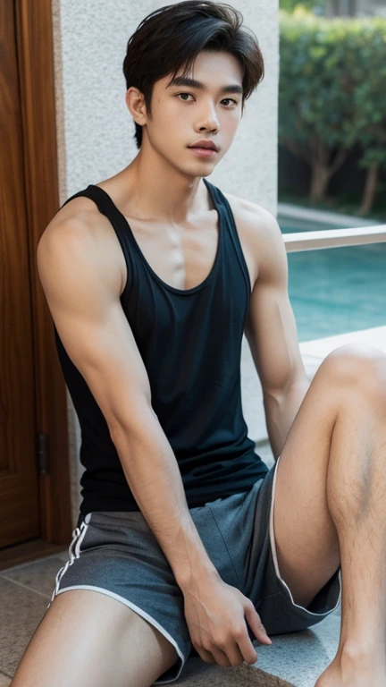 solo , 1man , thai man , Men's tank top , Short pants , sea , sit