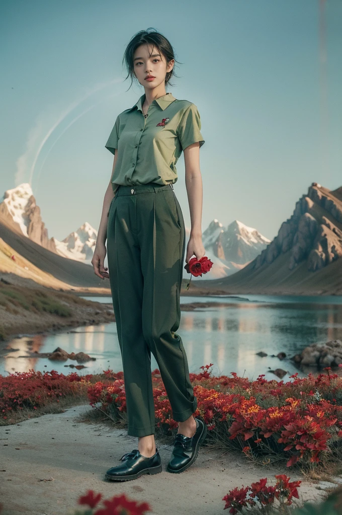 (((best quality))),(((ultra detailed))),(((masterpiece))),illustration,((1 beautiful girl,tomboy,solo)),(short black hair:1.3),((slim,thin)),((small breasts,thin)), vigorous, confident, (light green collared short-sleeved shirt:1.3), (dark green pants:1.2),(black shoes:1.2),(standing:1.3),simplicity, robustness, strong features, (Abandoned Gobi Scene:1.3),(Rock surface:1.2),glowing eyes, rebellious, sensible, (mountainous landscape:1.3), (beside a vibrant red flower:1.3),elegance, unyielding spirit, youthful beauty, strength, resilience, adversity, challenges,((from front,full body))