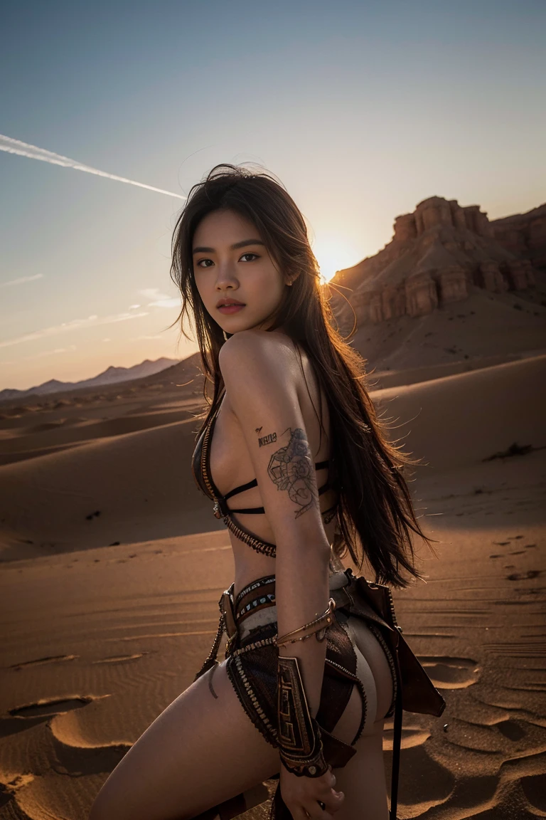 “(Best Quality,4k,High resolution,masterpiece:1.2),ultra detailed,(realist,photorealist,photo-realist:1.37),Portraits,desert, rifle, detailed skin texture, tattoos, dramatic lighting, vibrant colors, arena dunes, intense look, long loose hair, aged wooden stock, intricate engravings, bullet shell, dynamic pose, strong facial features, PENETRATING EYES, desert sunset, Rugged terrain, smoke trails, powerful posture, hard shadows, dust particles, intricate jewelry, tribal patterns