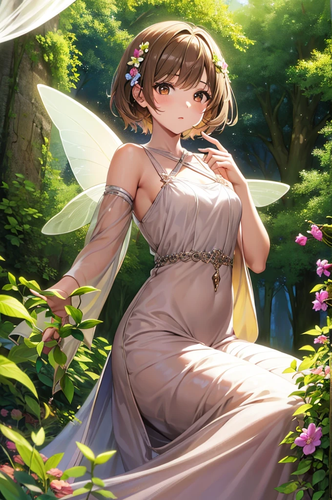 Light brown hair Short Hair Brown eyes beautiful girl Flower Hair Ornaments Fairy Wings Mysterious Forest Colorful flowers