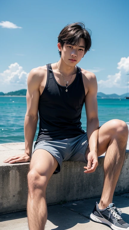 solo , 1man , thai man , Men's tank top , Short pants , sea , sit