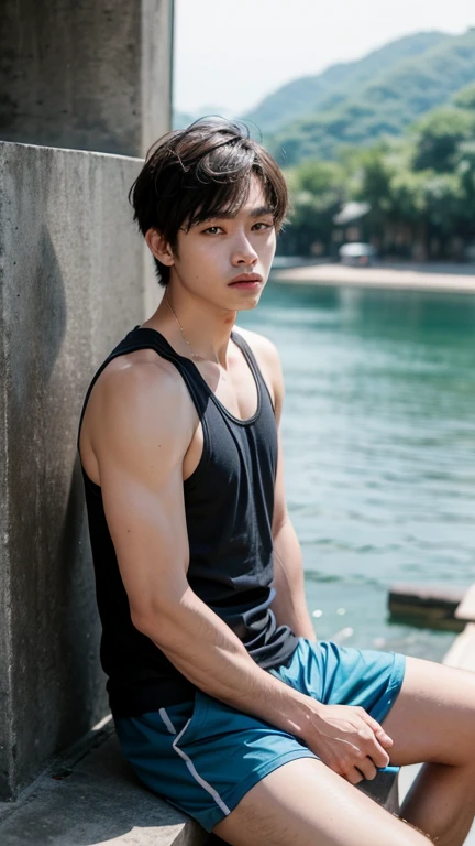 solo , 1man , thai man , Men's tank top , Short pants , sea , sit