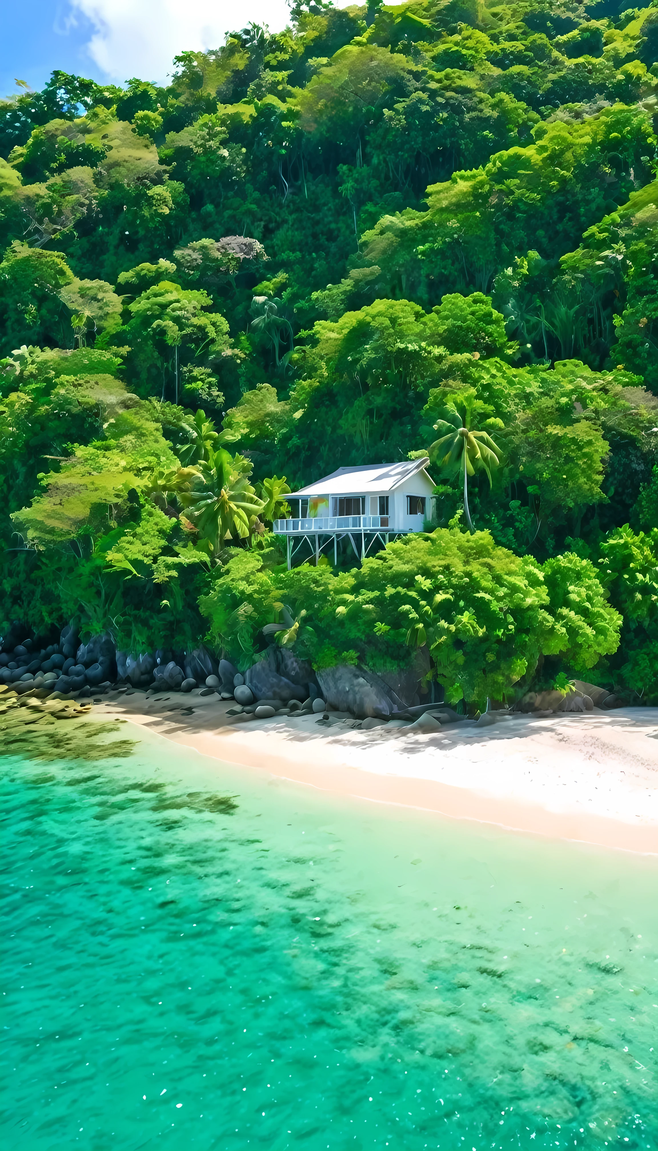 Low angle view, side view , looking to small house nearby the seashore , there's a clear sea water view , wide spreading seaview at the background, greeny Tropical Jungle as the surrounding, white beach ,
