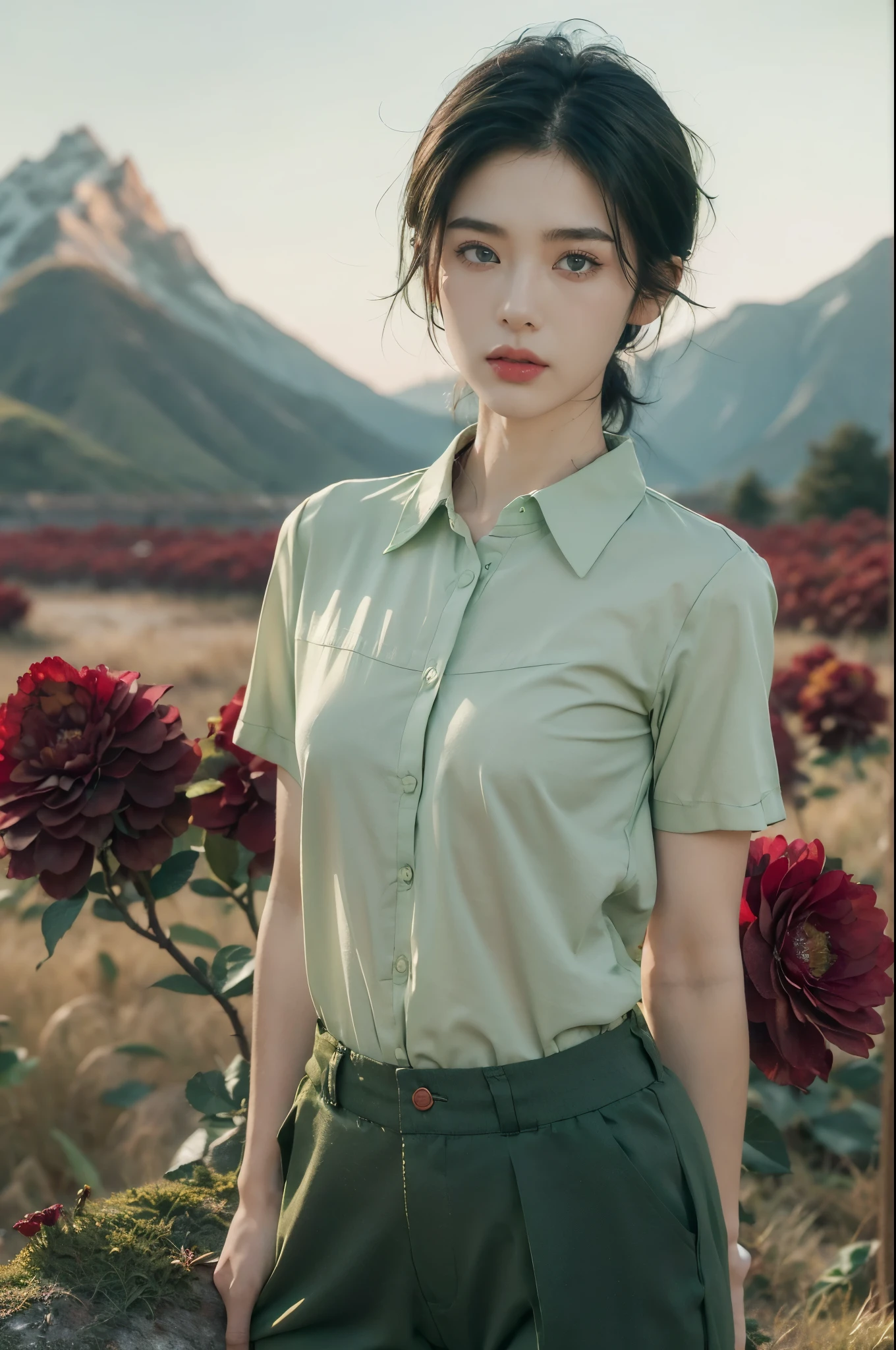 (((best quality))),(((ultra detailed))),(((masterpiece))),illustration,((1 beautiful girl,tomboy,solo)),(short black hair:1.3),((slim,thin)),((small breasts,thin)), vigorous, confident, (light green collared short-sleeved shirt:1.3), (dark green pants:1.2),(standing:1.3),simplicity, robustness, strong features, (Abandoned Gobi Scene:1.3),(Rock surface:1.2),glowing eyes, rebellious, sensible, (mountainous landscape:1.3), (beside a vibrant red flower:1.3),elegance, unyielding spirit, youthful beauty, strength, resilience, adversity, challenges,((from front,upper body))
