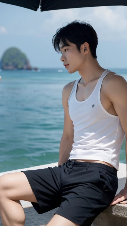 solo , 1man , thai man , Men's tank top , Short pants , sea , sit