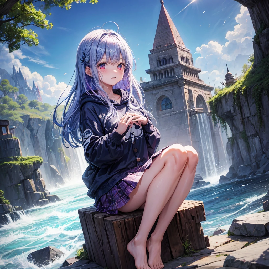 Blue-light purple hair、Red eyes、One cute girl、solo、And soul、Light clothing、Checked mini skirt、petal、Wet hair、Sitting on a stump、black t-shirts、Rabbit Hoodie、Has a button、large tree、cloud、Red full moon、desert、barefoot、Stones are piled up、Teeth are visible、Secret Treasure、Wooden chair、Fortress City、water is gushing out、Tilting face、Hands together、pyramid、tunnel