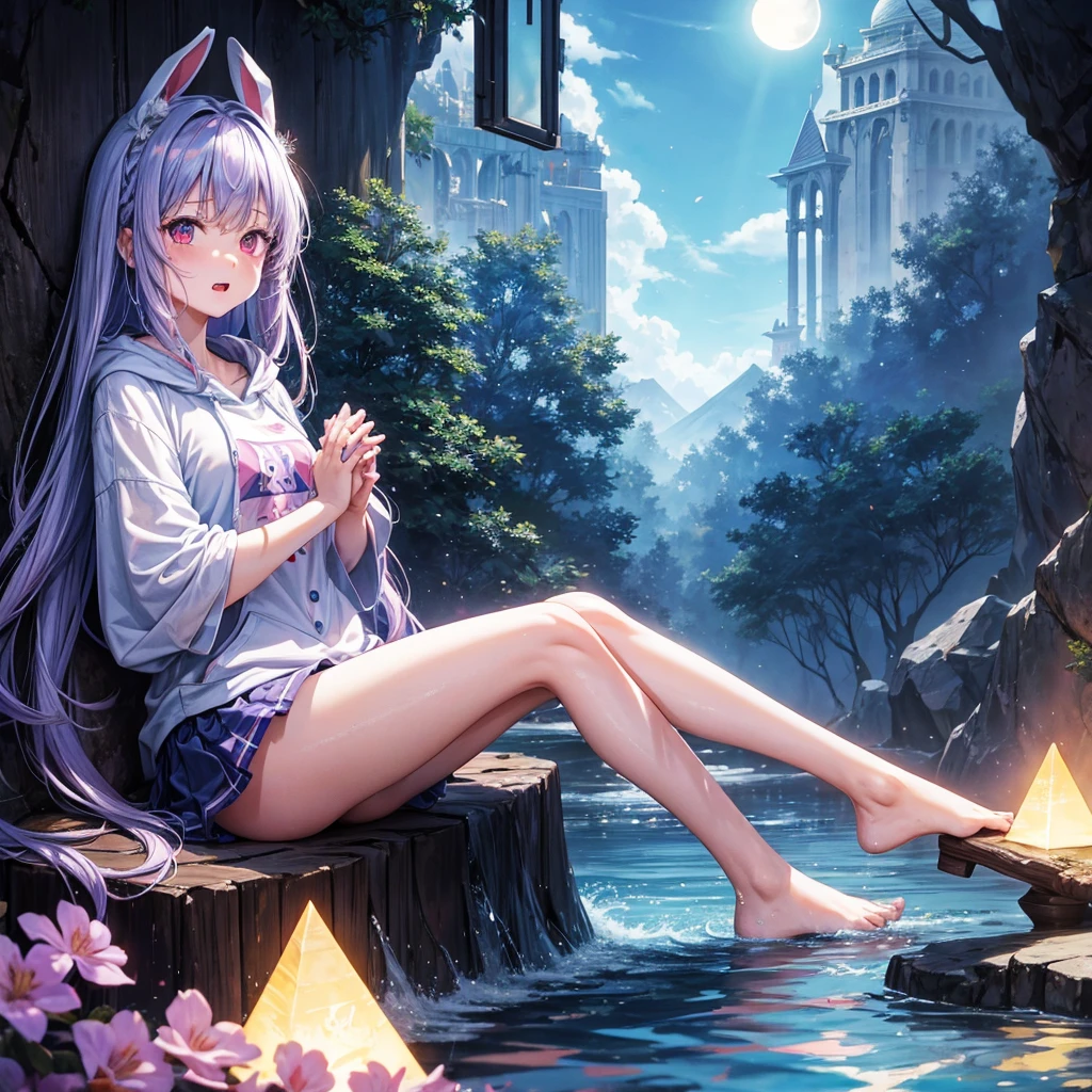 Blue-light purple hair、Red eyes、One cute girl、solo、And soul、Light clothing、Checked mini skirt、petal、Wet hair、Sitting on a stump、black t-shirts、Rabbit Hoodie、Has a button、large tree、cloud、Red full moon、desert、barefoot、Stones are piled up、Teeth are visible、Secret Treasure、Wooden chair、Fortress City、water is gushing out、Tilting face、Hands together、pyramid、tunnel