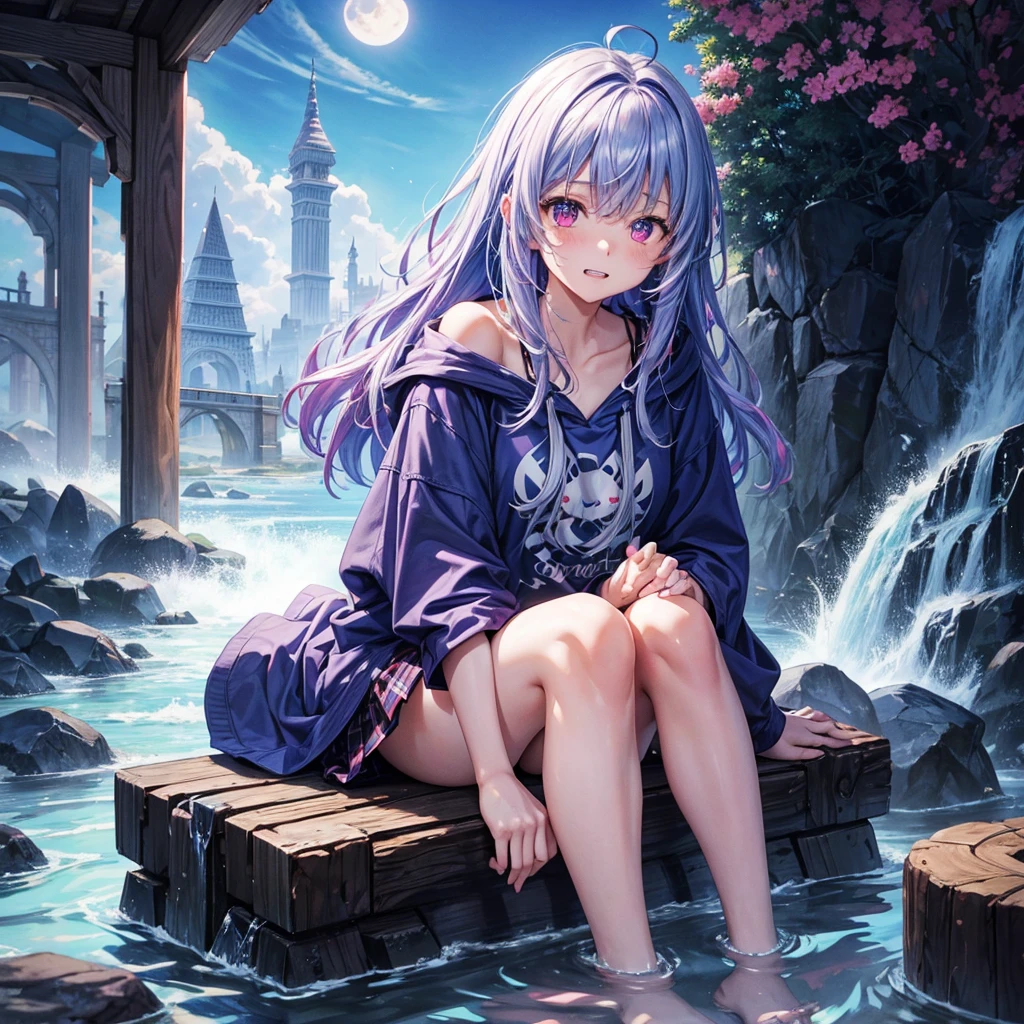 Blue-light purple hair、Red eyes、One cute girl、solo、And soul、Light clothing、Checked mini skirt、petal、Wet hair、Sitting on a stump、black t-shirts、Rabbit Hoodie、Has a button、large tree、cloud、Red full moon、desert、barefoot、Stones are piled up、Teeth are visible、Secret Treasure、Wooden chair、Fortress City、water is gushing out、Tilting face、Hands together、pyramid、tunnel