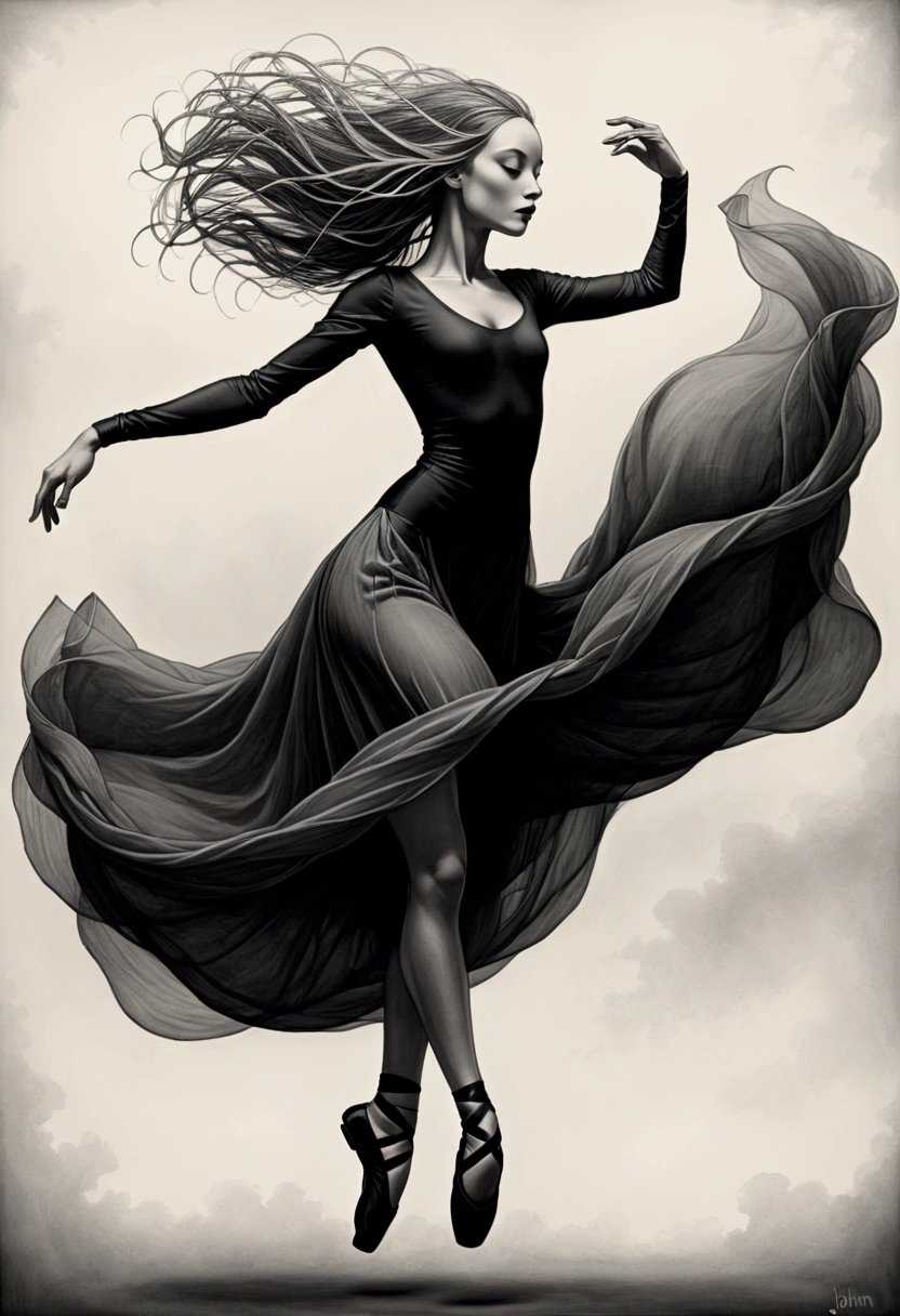 ((Inspired by John Kenn Mortensen)), absurd, high resolution, Extremely detailed, Black and White, (1 Dancer:1.3), Hand Painted, Simple lines, Floating clothes, Flowing hair,Dynamic poses
