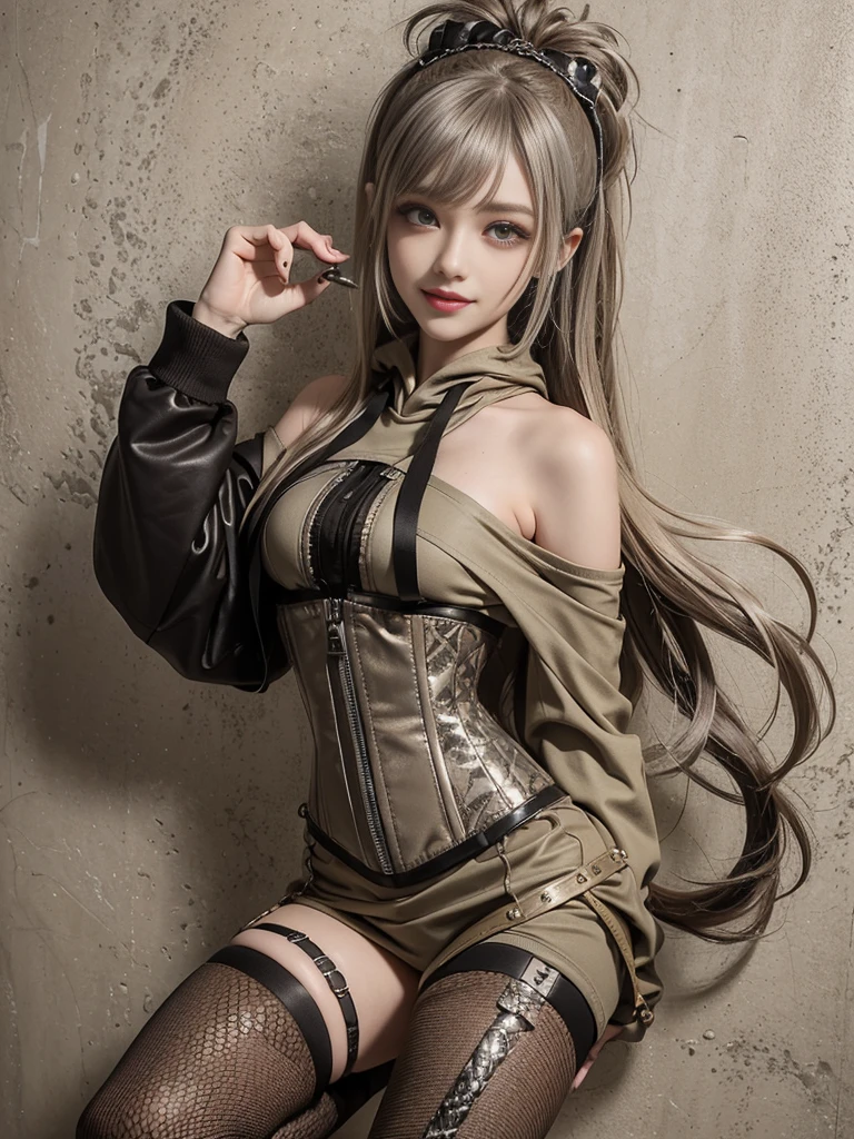 (Smiling with teeth showing:1.3),(Shibuya Gal:1.5)、(Race Queen Wind:1.5)、(Neo-goth fashion:1.5)、(Punk RockVisual Kei:1.5)、(An off-the-shoulder hoodie in khaki and brown with delicate silver accessories.:1.5)、(A corset with a delicate beige and brown design:1.4)、(Dark grey, khaki and brown snakeskin bodysuit:1.5)、(Snake print headband:1.3)、(Beige and charcoal knee socks:1.4)、Embellished collar and long boots、(I&#39;m selling snake print underwear.:1.4)、(Long eyelashes:1.3)、(Age 25)、((Highest quality、8k、masterpiece:1.3))、1 Female、Slim and beautiful abs:1.3、(hairstyle casual、Beautiful boobs:1.1)、(Doing an aerobics pose:1.3)、dress:1.1、Super small face、Narrow eyes、double eyelid、A sloppy smile、Esbian all over body、Dynamic Angle、Close-up、CPL Filter、Blurred Background、Bokeh、Blue Hour、Detailed face and skin texture、Detailed eyes,(Twin tails:1.3)、(Brown-golden hair:1.3)、Gravure idol、(The background is a glamorous dance hall:1.3)、(Make your legs thinner:1.4)、(Slim Body:1.3)、(clavicle:1.1)