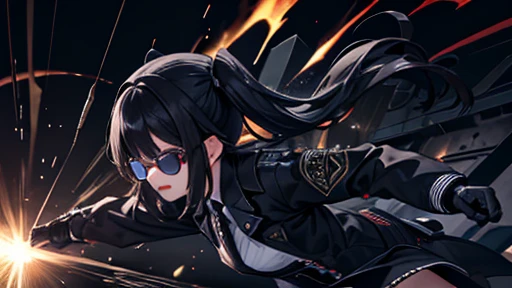 shooting,holding_weapon,独奏,black suits,sunglasses,twintail,black hair,masterpiece,best quality,super detailed,super fine illustration,8k,dynamic angle,battle scene,in dark room,detailed background,Break she is running forward.