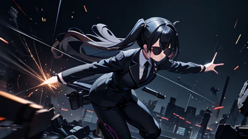 shooting,holding_weapon,独奏,black suits,sunglasses,twintail,black hair,masterpiece,best quality,super detailed,super fine illustration,8k,dynamic angle,battle scene,in dark room,detailed background,Break she is running forward.