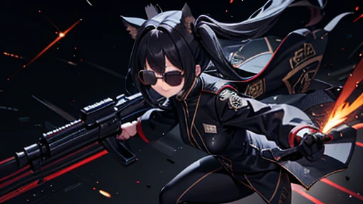 shooting,holding_weapon,独奏,black suits,sunglasses,twintail,black hair,masterpiece,best quality,super detailed,super fine illustration,8k,dynamic angle,battle scene,in dark room,detailed background,Break she is running forward.