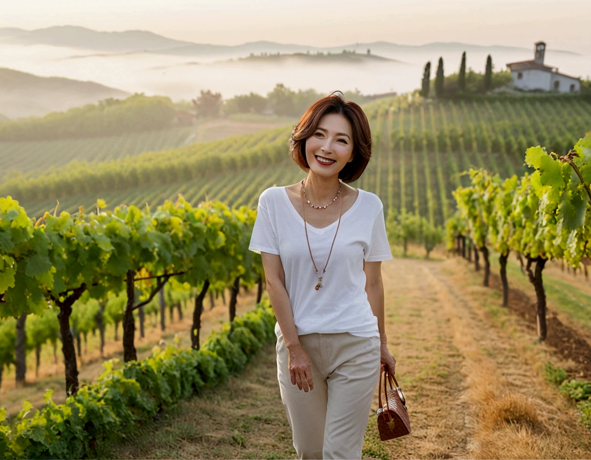 Italy foggy countryside dawn, Endless vineyards, A cathedral can be seen far away in the fog.. Korean woman in her 40s, Wearing a slightly thick knit over a luxury brand white t-shirt, casual pants, Korean woman with beautiful short medium bob hair, Standing on a path on top of a vineyard hill, Beautiful Korean woman with bright and clear skin, The neckline is clean and beautiful.. Stunning Korean woman smiling, standing in the vineyard , Cowboy Shot Pose, small string necklace, 1 woman