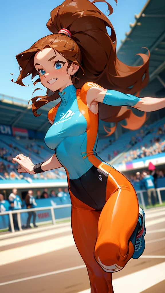 Youthful and energetic woman, around 30 years old, slim but muscular, long wavy chestnut brown hair, large bright blue eyes, friendly smile, freckles on the face, tight-fitting futuristic clothing, sporty and stylish outfit, mid-stride while running on a track, warm and loving, confident and supportive, enthusiastic and motivating, playful and flirty.