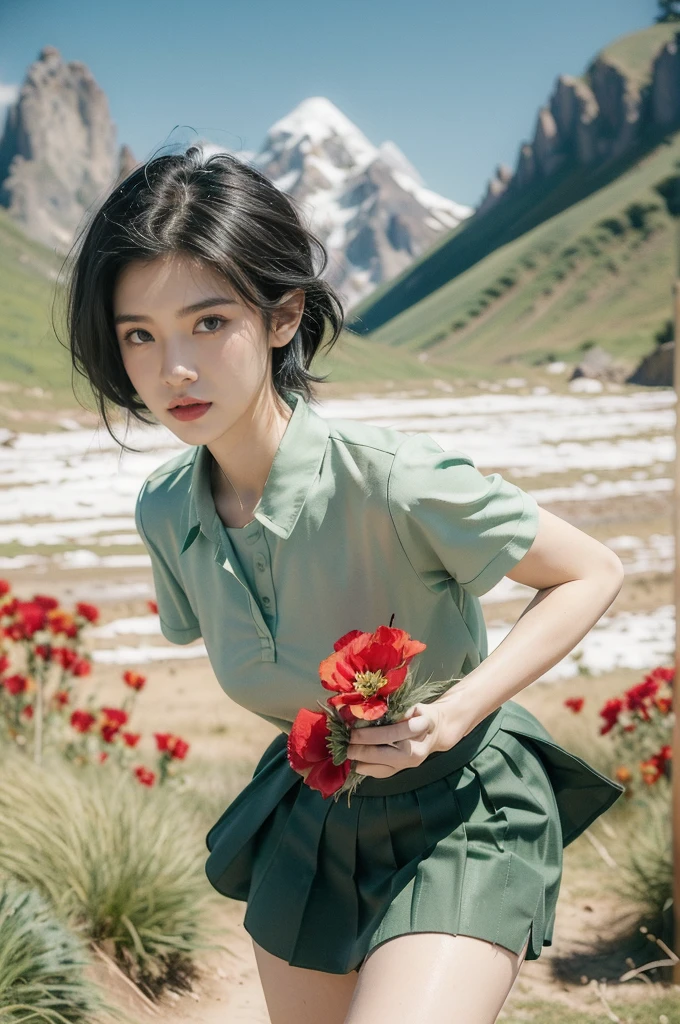 (((best quality))),(((ultra detailed))),(((masterpiece))),illustration,((1 beautiful girl,tomboy,solo)),(short black hair:1.3),((slim,thin)),((small breasts,thin)), vigorous, confident, (light green collared short-sleeved shirt:1.3), (dark green skirt:1.2),(slender legs:1.2),(standing:1.3),simplicity, robustness, strong features, (Abandoned Gobi Scene:1.3),(Rock surface:1.2),glowing eyes, rebellious, sensible, (mountainous landscape:1.3), (beside a vibrant red flower:1.3),elegance, unyielding spirit, youthful beauty, strength, resilience, adversity, challenges,((from front,upper body))
