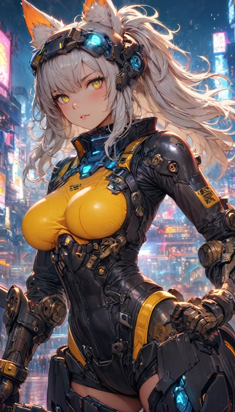 best quality,4k,8k, highres, masterpiece:1.2), extremely detailed eyes, extremely detailed body, (large masterpiece digital art), (detailed manga illustration), (detailed line art), ((perfect anatomy)), (intricate details:1.3), (ultra-detailed:1.3), (illustration:1.3), (sharp focus:1.3), (natural lighting:1.05), (vivid colors:1.3), (masterpiece), (best quality:1.4), (perfect anatomy:1.4), high quality, expressive eyes, full body, tall girl, detailed face, beautiful face, perfect face, breasts, gloves, large breasts, cyberpunk, (black armor), azure armor, long hair, ((tanned skin)), straight hair, detailed (ash gray hair), detailed eyes, (yellow eyes), fox ears, fox tail, hourglass physique, mecha musume, fortified suit, mechanical parts, headgear, robot joints, bodysuit, deva battle suit, gloves, thick thighs, toned, emblem, superhero, dynamic lighting, 4k resolution, dynamic pose, weapon, energy weapon portrait, Jeff Bridges, ((cartoon style)), Marvel Cinematic Universe style, (((alien city in the background))), soft bokeh of futuristic city, Atey Ghailan, Jeremy Mann, Greg Manchess, Antonio Moro, trend in ArtStation, trend in CGSociety, Intricate, High Detail, Sharp focus, dramatic and photorealistic painting art by Midjourney and Greg Rutkowski, bokeh in the background