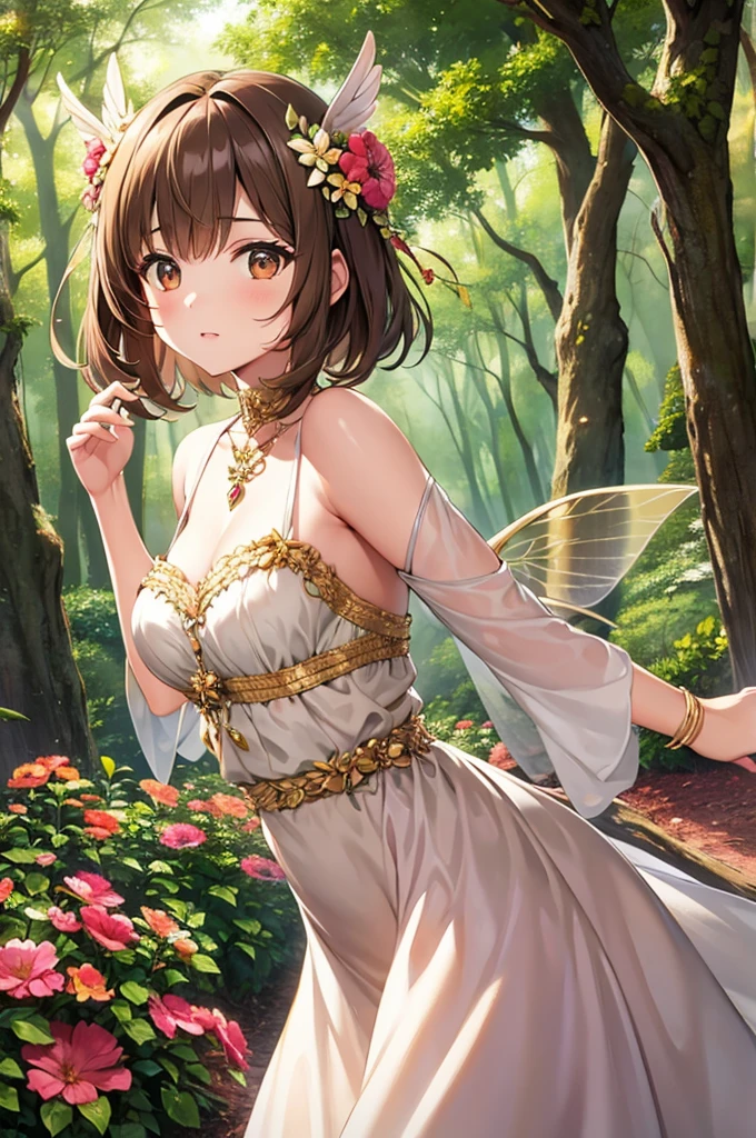 Light brown hair　Short Hair　Brown eyes　beautiful girl　Flower Hair Ornaments　Fairy Wings　Mysterious Forest　Colorful flowers