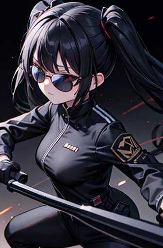 shooting,set a target,holding_weapon,独奏,black suits,sunglasses,twintail,black hair,masterpiece,best quality,super detailed,super fine illustration,8k,dynamic angle,battle scene,in dark room,detailed background,Break she is running forward.