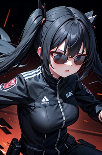 shooting,set a target,holding_weapon,独奏,black suits,sunglasses,twintail,black hair,masterpiece,best quality,super detailed,super fine illustration,8k,dynamic angle,battle scene,in dark room,detailed background,Break she is running forward.