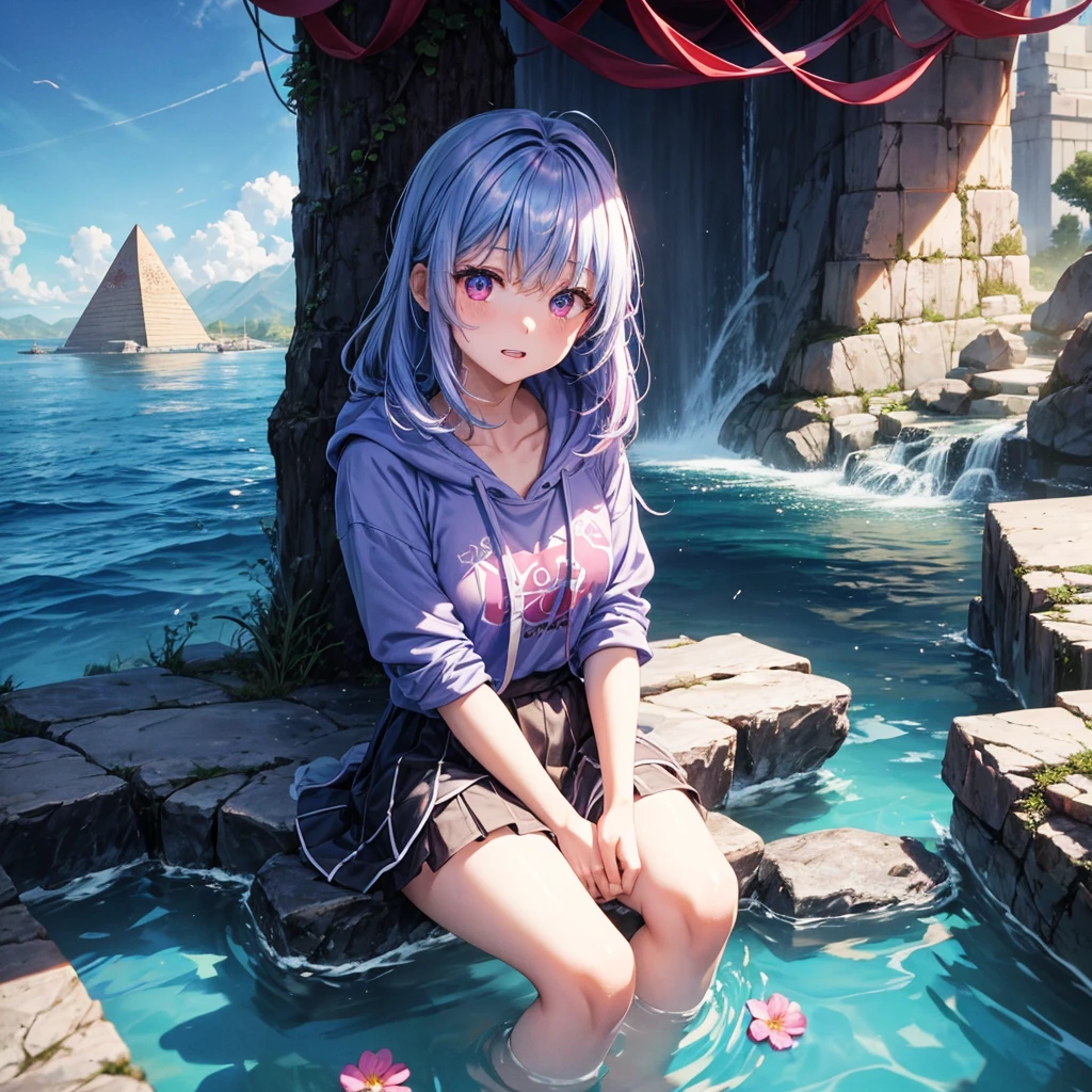 Blue-light purple hair、Red eyes、One cute girl、solo、And soul、Light clothing、Checked mini skirt、petal、Wet hair、Sitting on a stump、black t-shirts、Rabbit Hoodie、Has a button、large tree、cloud、Red full moon、desert、barefoot、Stones are piled up、Teeth are visible、Secret Treasure、Wooden chair、Fortress City、water is gushing out、Tilting face、Hands together、pyramid、tunnel