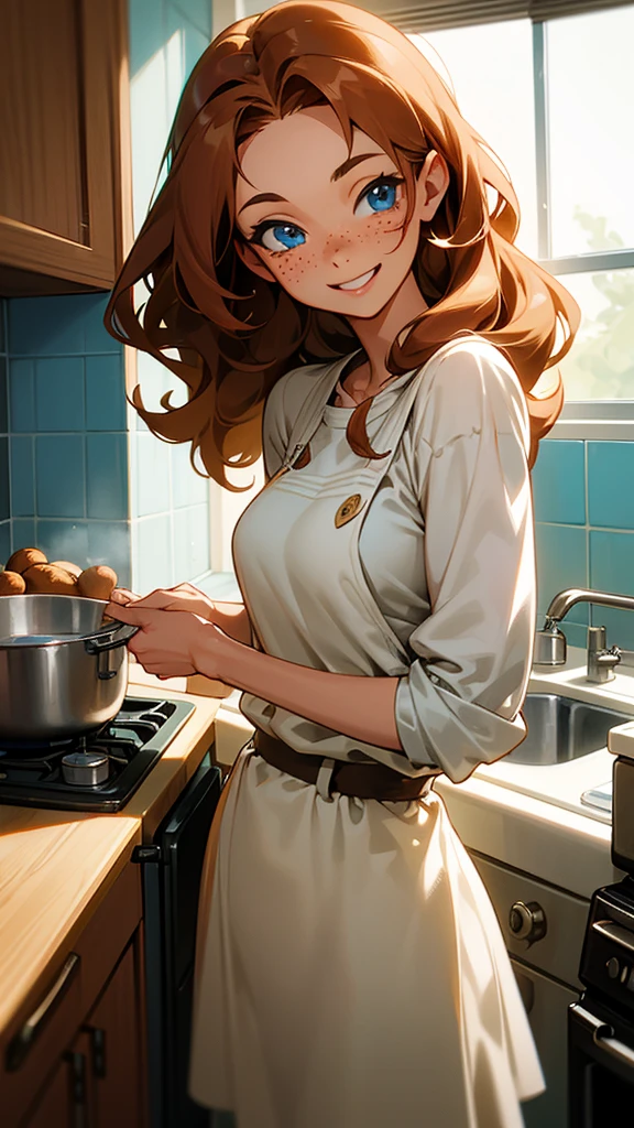 Youthful and energetic woman, around 30 years old, slim but muscular, long wavy chestnut brown hair, large bright blue eyes, friendly smile, freckles on the face, casual and stylish outfit, stirring a pot on the stove in a modern kitchen, warm and loving, confident and supportive, enthusiastic and motivating, playful and flirty.