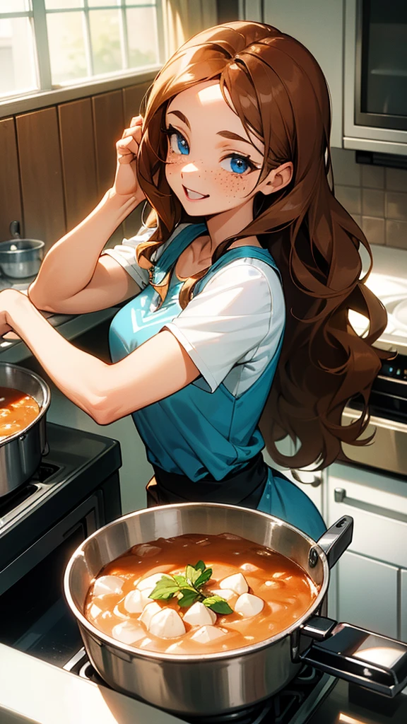 Youthful and energetic woman, around 30 years old, slim but muscular, long wavy chestnut brown hair, large bright blue eyes, friendly smile, freckles on the face, casual and stylish outfit, stirring a pot on the stove in a modern kitchen, warm and loving, confident and supportive, enthusiastic and motivating, playful and flirty.