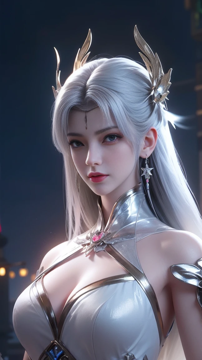 top-quality、masterpiece、超A high resolution、(Photorealsitic:1.4)、Raw photo、Battle Cyborg Angel、large wings made of metal、White porcelain body、Acrylic Clear Cover、white hair、glowy skin、1 Cyborg Girl、((super realistic details))、portlate、globalillumination、Shadow、octan render、8K、ultrasharp、character edge light,Colossal 、Raw skin is exposed in cleavage、Details of complex ornaments、Zeta Gundam details、Hydraulic cylinder、Small LED lamp、highly intricate detail、Realistic light、a purple eye、radiant eyes、Facing the camera、neon details、cowboy shot、Futuristic headgear、About Cyberpunk、、perfect face, face cold, random expressions,random action, ancient japanese architecture,pond, starry sky,skyline