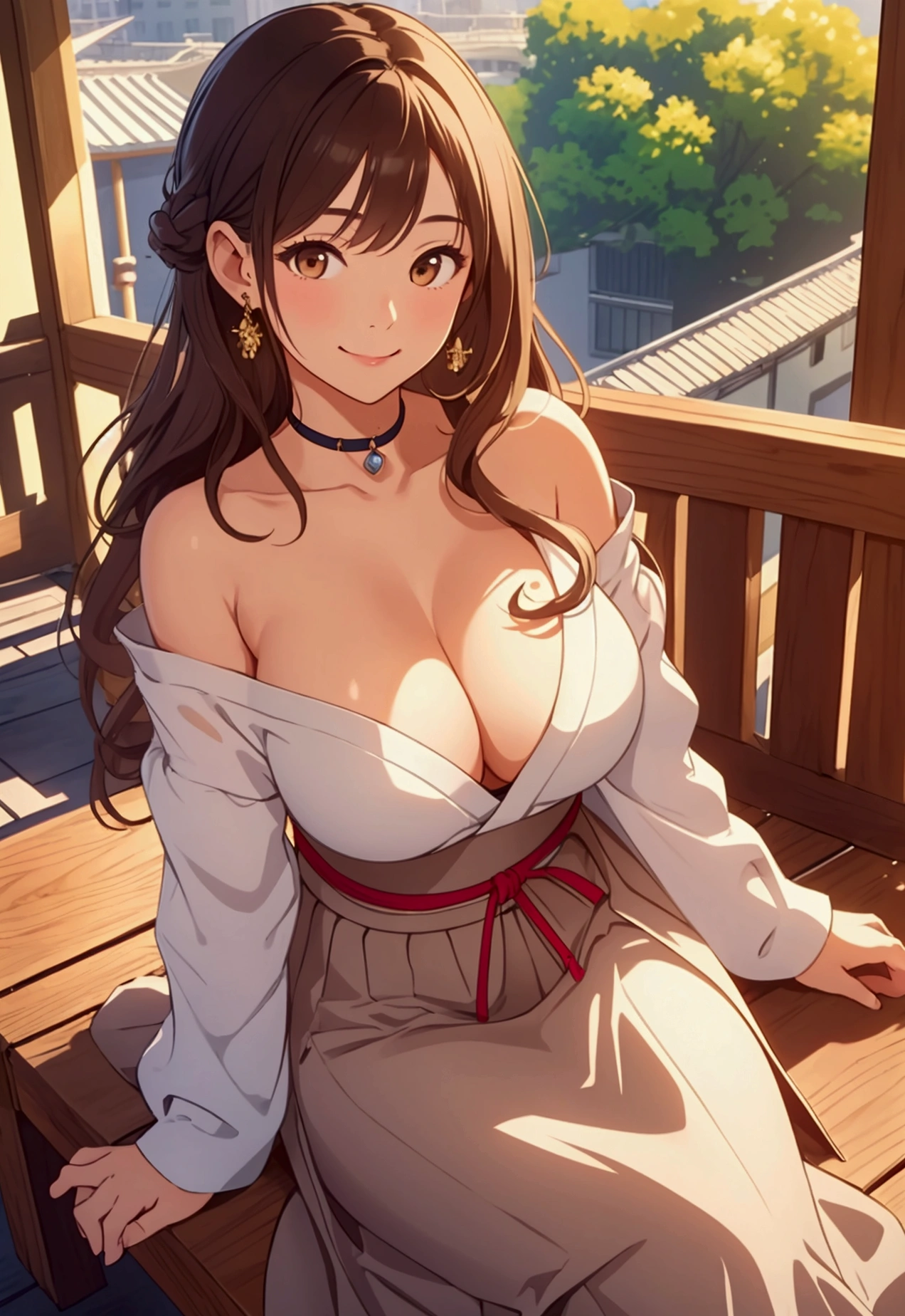 (highest quality,masterpiece:1.3,ultra high resolution),(Super detailed,caustics,8k),(realistic:1.4,RAW shooting),18-year-old,cute,Super beautiful,Japanese woman sitting on the terrace of a cafe, long curly hair, turn around, off shoulder, big round eyes, sunlight, With bangs, brown eyes, Narrow forehead, , smile, long skirt,big breasts,