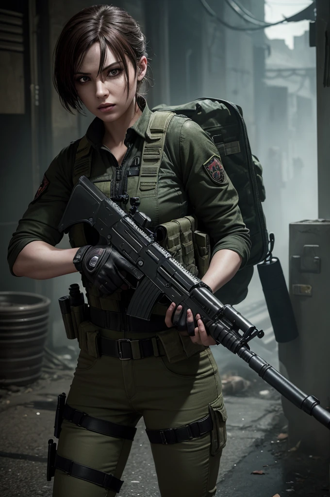 A random BSAA woman soldier of resident evil's universe, zombies background, raccoon city background, realistic image, taking a submachine gun 