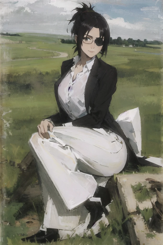 portrait of beautiful HangeAOT, 1girl, solo, black_hair, glasses, eyepatch, Perfect black silk suit , Masterpiece ,Background of a realistic perfect green field 