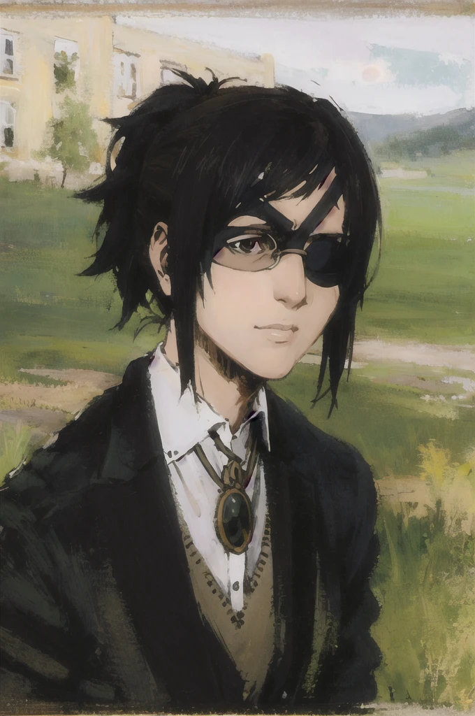 portrait of beautiful HangeAOT, 1girl, solo, black_hair, glasses, eyepatch, Perfect black silk suit , Masterpiece ,Background of a realistic perfect green field