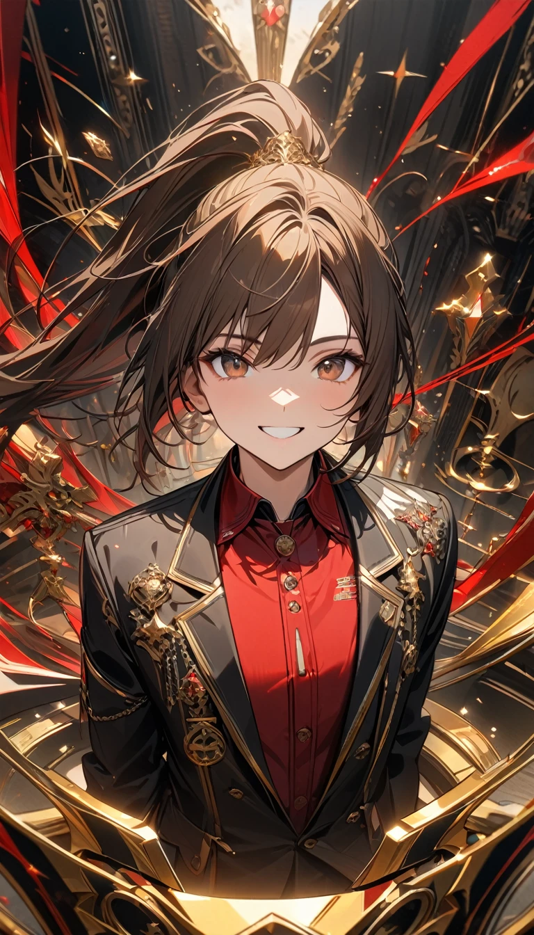 young boy, short brown hair, high ponytail, brown eyes, red shirt, black jacket, black pants, smile, golden elements, green elements, red elements, Masterpiece, best quality, Full HD, 8k, ultra details, great graphic