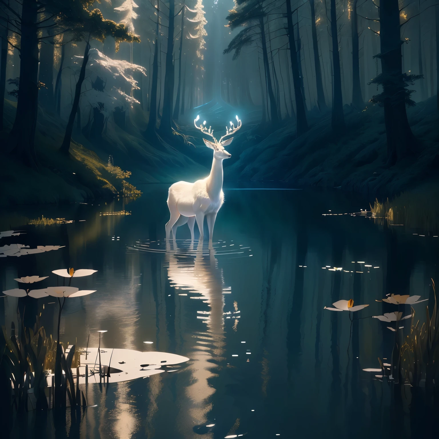 a beauty like angle standing in the lake with white dress, and a white deer is near by, masterpiece, best quality, (extremely detailed CG unity 8k wallpaper), (best quality), (best illustration), (best shadow), absurdres, realistic lighting, (Abyss), beautiful detailed glow, art by PeterMohrBacher,