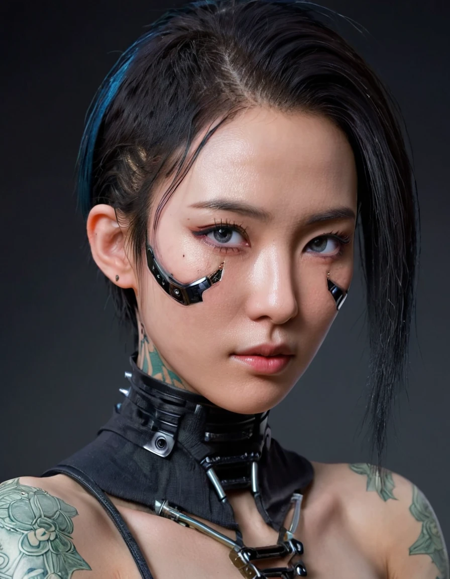 A stunning 4K photo-realistic image of a cyberpunk ninja shinobi demi-human girl with an japan face. cyborg arms, cyberware bodysuit, Her visage is adorned with intricate machine implants, These implants enable advanced sensory input and communication with her cybernetic systems. Her skin is pale, with visible scars that tell a story of her past battles and a faint line where her flesh meets the cold metal of her implants. The seams are barely noticeable, indicating skilled integration between her organic and mechanical components. Her hair is black, spiked up in an aggressive yet stylish manner. Small LED lights are integrated into the strands, flickering with various colors to match her mood. The hair is a statement piece, reflecting her rebellious spirit. The overall atmosphere of the image is captivating, photo, her body is embedded with mechanical implants under the skin, cyborg arms,  cyberware lines embedded in her face, , (Photorealsitic)、(intricate detailes:1.2)、(​masterpiece、:1.3)、beauty face, (top-quality:1.4)、(超A high resolution:1.2)、超A high resolution、(A detailed eye)、(detailed facial features), ((Realistic lighting、top-quality、8K、natural light, ​masterpiece:1.3))、bright photo, Clear focus:1.2、1girl in、flawless beauty:1.4、Superfine Face、big Narrow-eyed、double eyelid、photos realistic, perfect eyes, perfect skin, detailed skin, detailed face, looking viewer, front view, potrait, raw photo, simple soft pink background, (intricate detailed skin textured:1.4) front view, looking viewer, clear face, 1 girl、porate、Bright and very beautiful face、beautiful girl, A stunning close-up portrait showcasing the beauty of a Korean model. The composition features soft, natural lighting , bright eyes, and striking cheekbones.